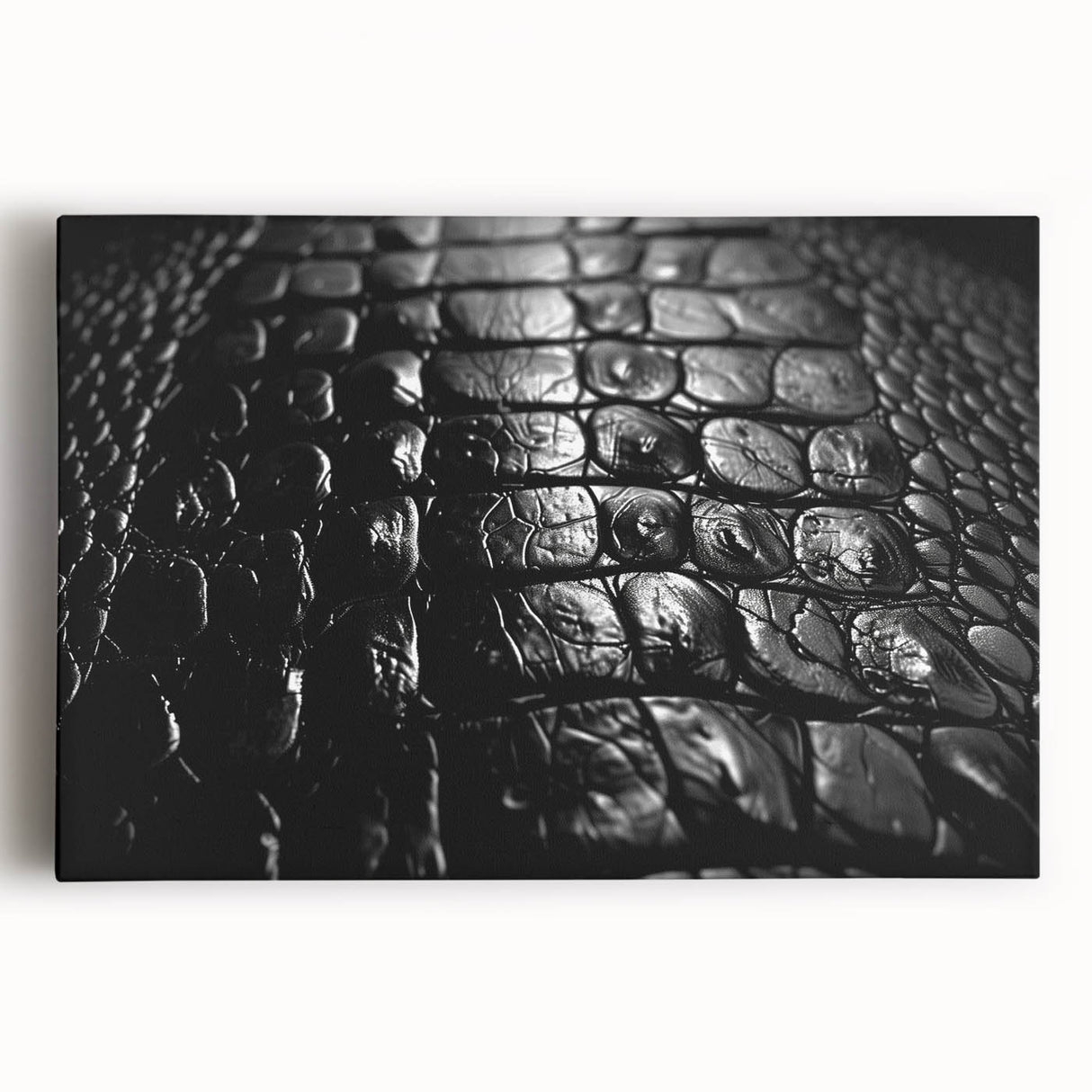 Stretched canvas wall art featuring a vibrant design of reptiles, gators, and crocodiles, showcasing intricate details and vivid colors for a striking home decor piece.