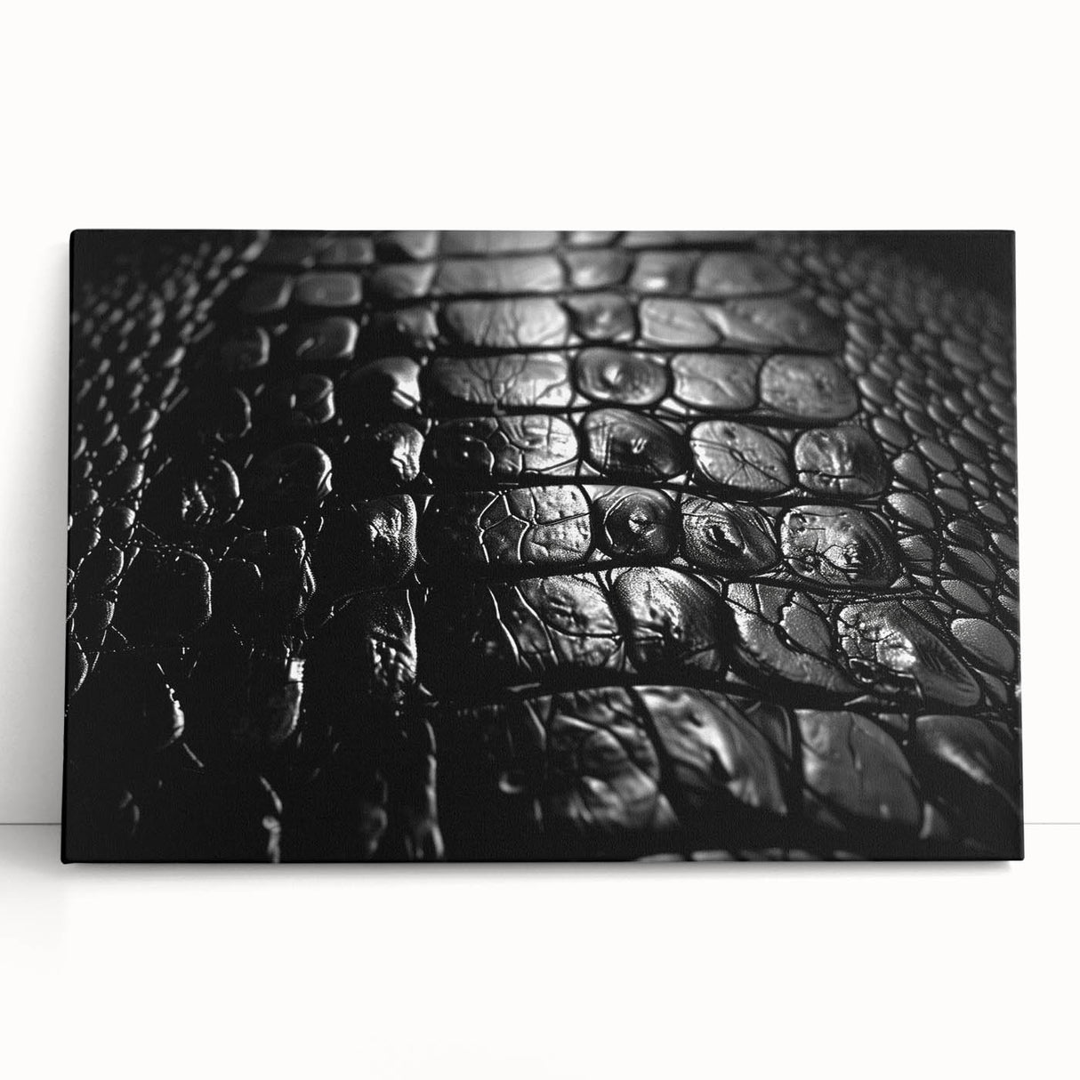 Stretched canvas wall art featuring a vibrant design of reptiles, including alligators and crocodiles, showcasing detailed textures and colors, ideal for wildlife enthusiasts.