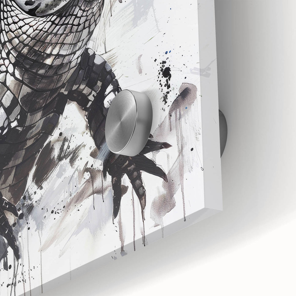 Close-up of a vibrant acrylic wall art piece depicting a dynamic design of reptiles, including gators and crocodiles, showcasing intricate details and vivid colors, perfect for nature enthusiasts and home decor.