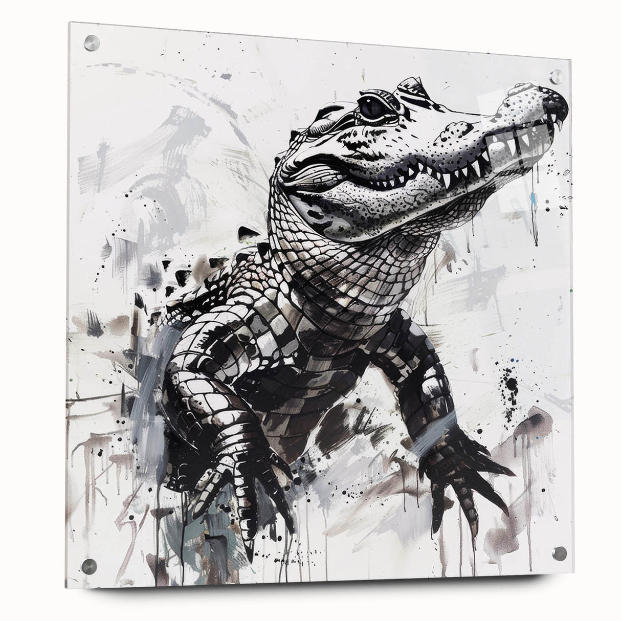 Colorful acrylic wall art collection showcasing detailed reptile designs, including gators and crocodiles, displayed in a side view with decorative pins.