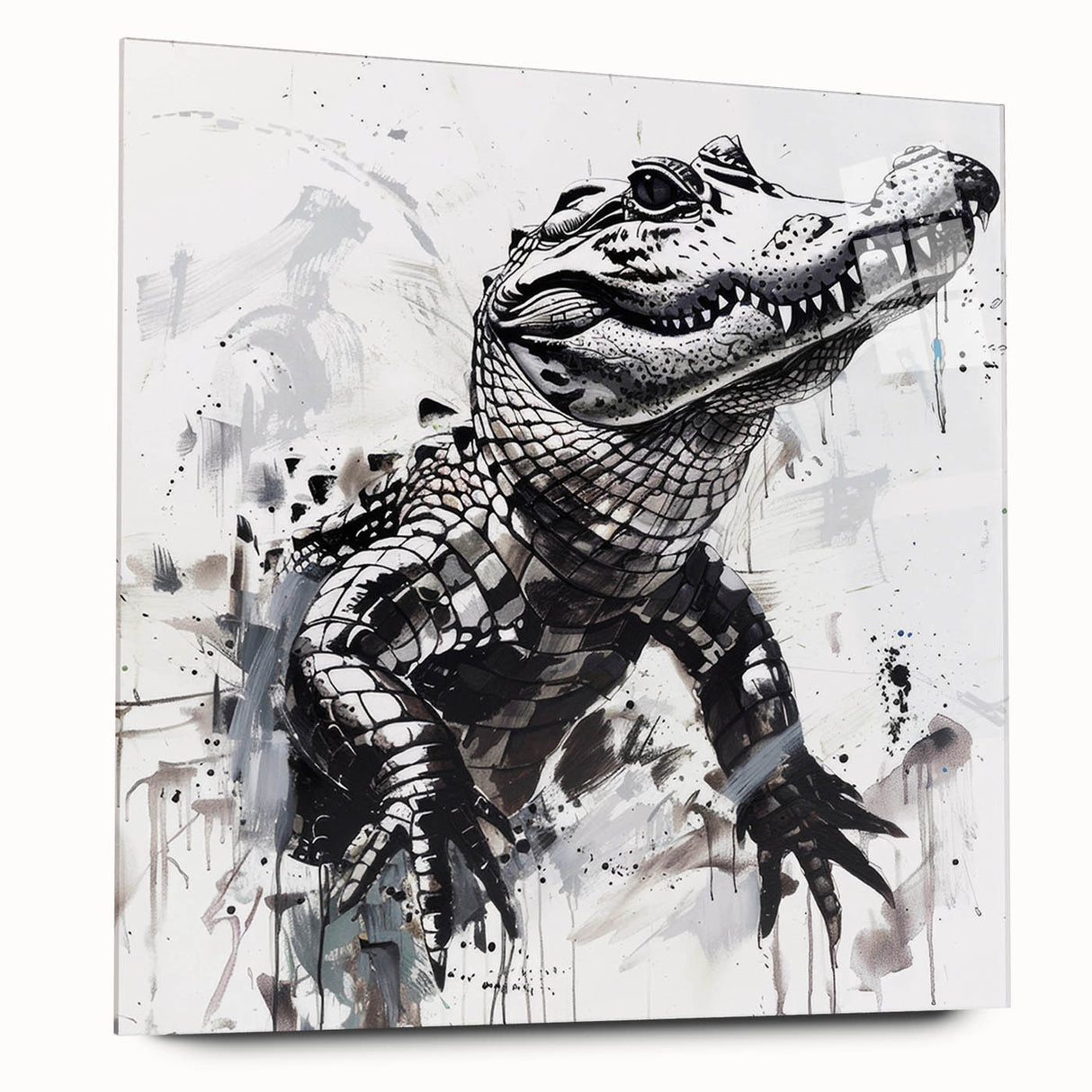 Acrylic glass wall art featuring a vibrant reptile design showcasing alligators and crocodiles in a dynamic side view, perfect for wildlife enthusiasts’ decor.