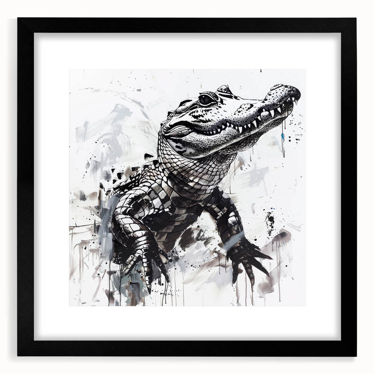 Framed wall art collection featuring a striking design of reptiles, including gators and crocodiles, set against a black mat, ideal for nature enthusiasts.