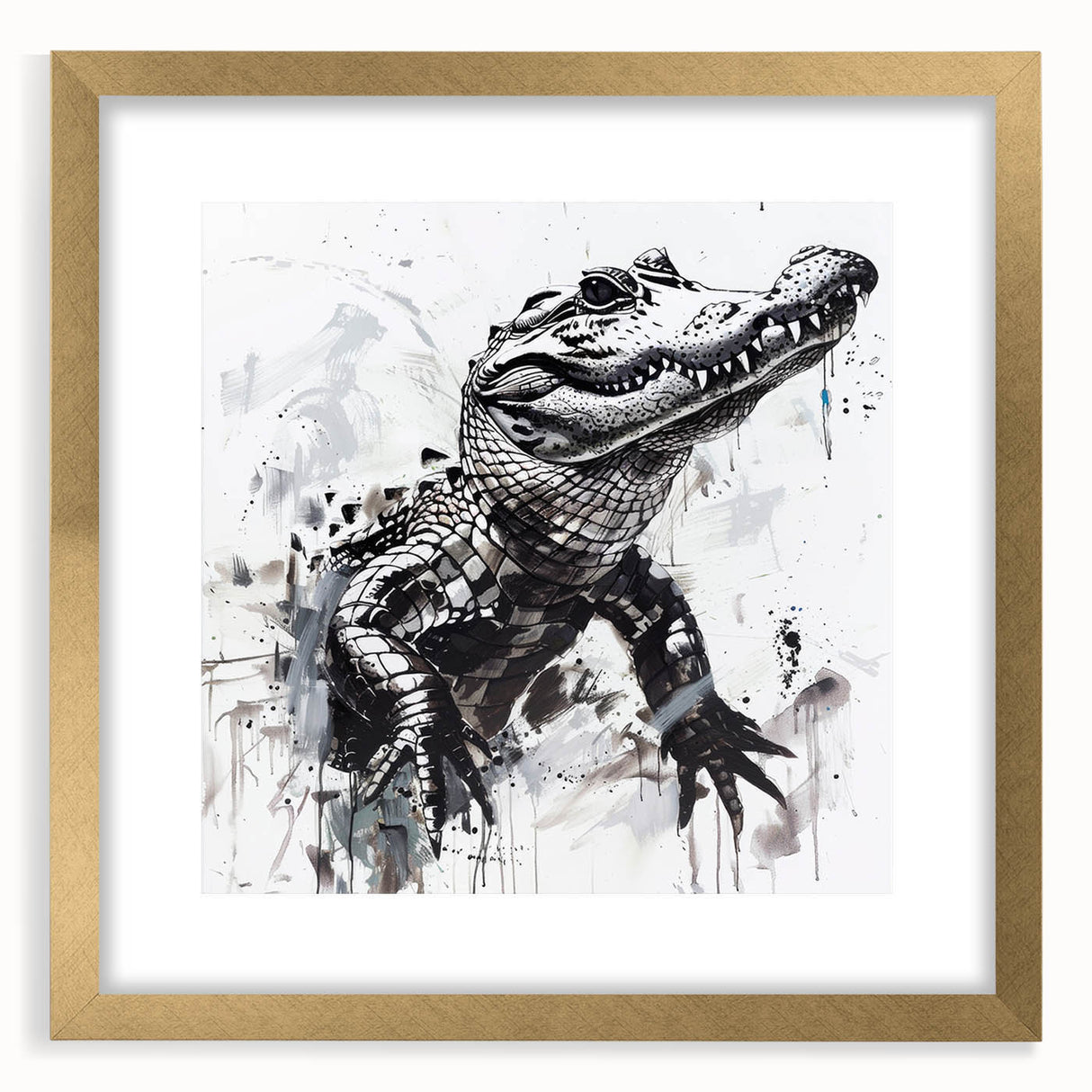 Framed wall art collection showcasing vibrant reptile designs, including alligators and crocodiles, set in a gold frame with a mat for an elegant display.
