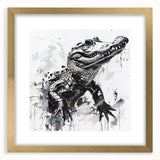 Framed wall art collection showcasing vibrant reptile designs, including alligators and crocodiles, set in a gold frame with a mat for an elegant display.