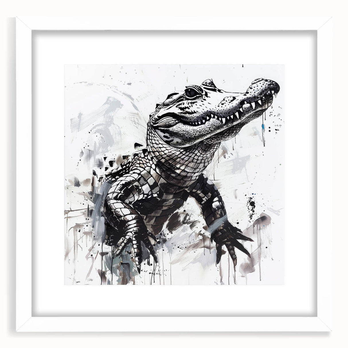 Framed wall art collection showcasing a vibrant design of reptiles, including alligators and crocodiles, with a white mat for an elegant presentation.