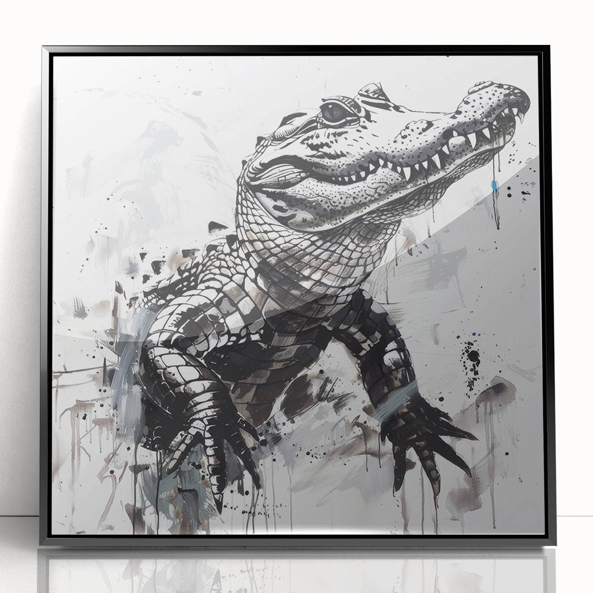 Framed wall art collection featuring a striking design of reptiles, including alligators and crocodiles, with a sleek black frame, ideal for nature enthusiasts and modern decor.
