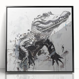 Framed wall art collection featuring a striking design of reptiles, including alligators and crocodiles, with a sleek black frame, ideal for nature enthusiasts and modern decor.