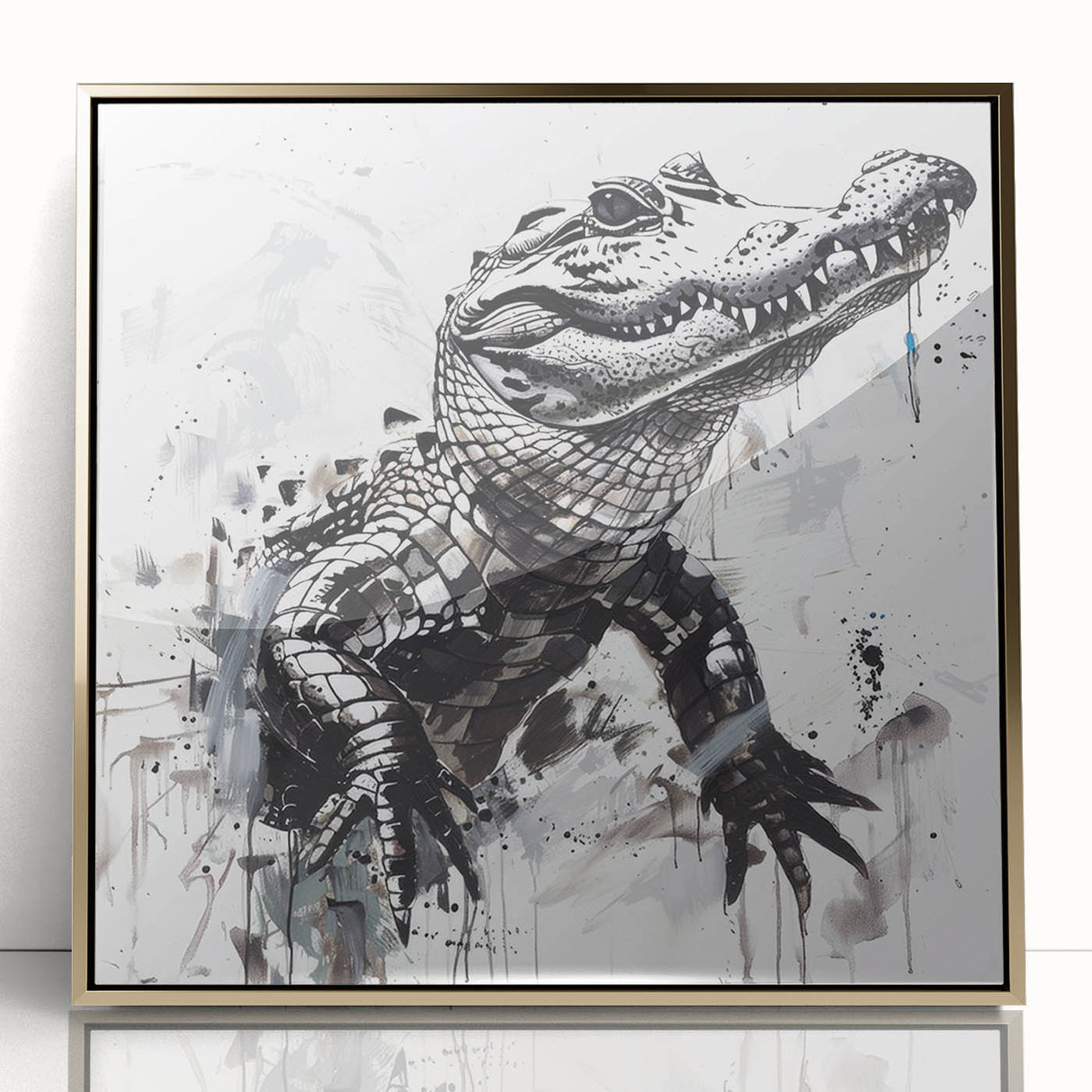 Framed wall art showcasing a vibrant design of reptiles, gators, and crocodiles in gold accents, perfect for enhancing home decor. Ideal for nature lovers.