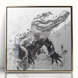 Framed wall art showcasing a vibrant design of reptiles, gators, and crocodiles in gold accents, perfect for enhancing home decor. Ideal for nature lovers.