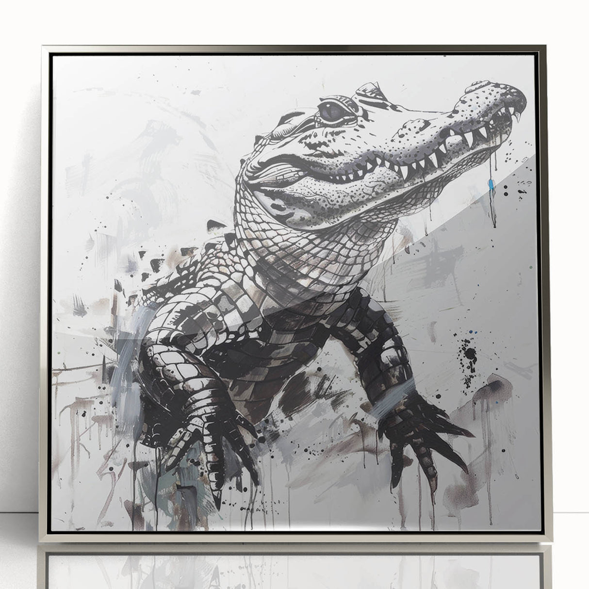 Framed wall art collection showcasing a vibrant design of reptiles, including alligators and crocodiles, with a sleek silver frame and acrylic front. Perfect for wildlife enthusiasts and modern decor.