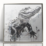 Framed wall art collection showcasing a vibrant design of reptiles, including alligators and crocodiles, with a sleek silver frame and acrylic front. Perfect for wildlife enthusiasts and modern decor.