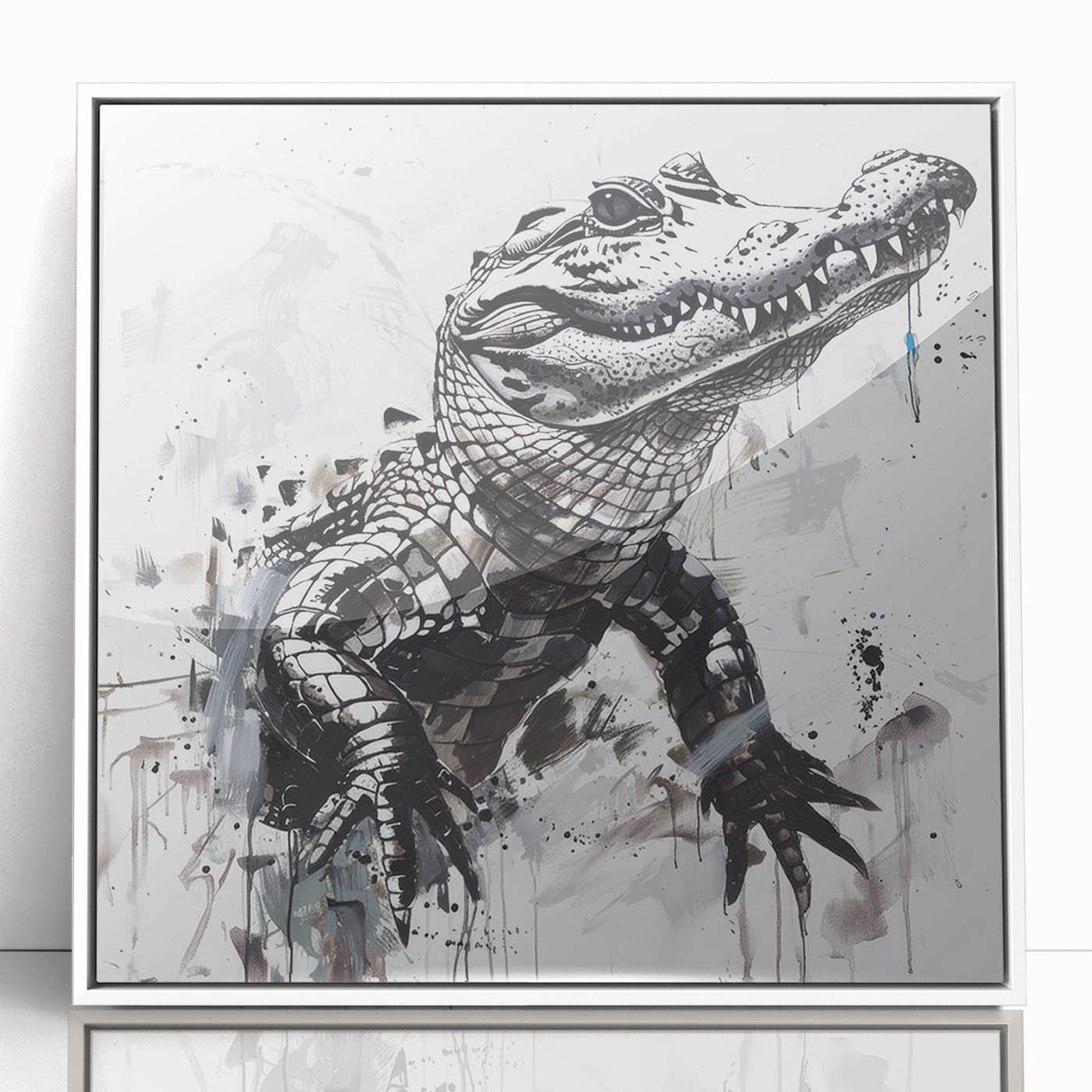 Framed wall art collection featuring vibrant reptile designs, including alligators and crocodiles, displayed in a sleek white frame, perfect for wildlife enthusiasts.