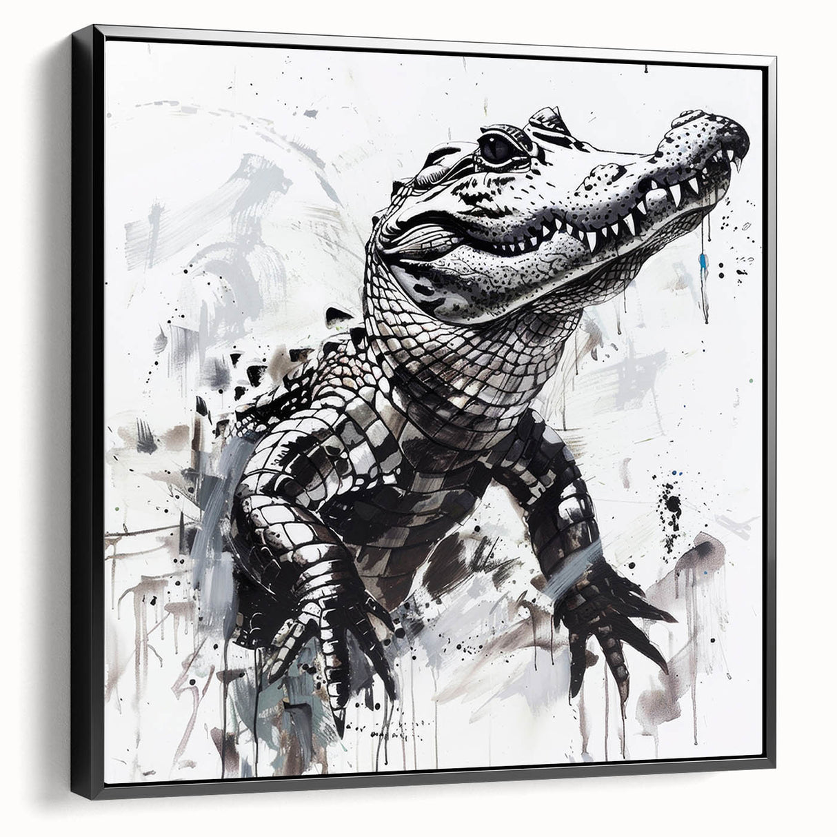 Framed wall art featuring a striking design of reptiles, including alligators and crocodiles, set against a black background, perfect for animal lovers and home décor enthusiasts.