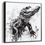 Framed wall art featuring a striking design of reptiles, including alligators and crocodiles, set against a black background, perfect for animal lovers and home décor enthusiasts.