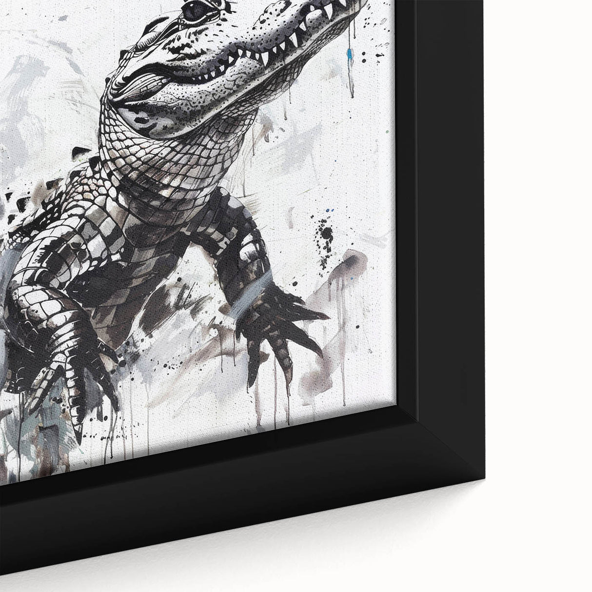 Close-up of a framed canvas featuring a vibrant reptile-themed wall art design showcasing alligators and crocodiles, perfect for wildlife enthusiasts and home decor.