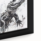 Close-up of a framed canvas featuring a vibrant reptile-themed wall art design showcasing alligators and crocodiles, perfect for wildlife enthusiasts and home decor.