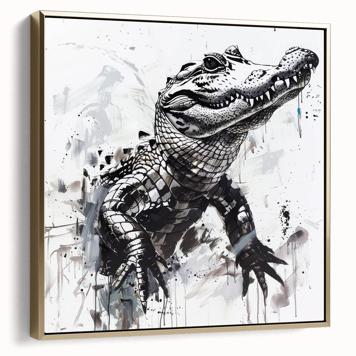 Framed canvas wall art showcasing a vibrant reptile design featuring alligators and crocodiles, accented with a sleek gold frame, perfect for nature-themed decor.
