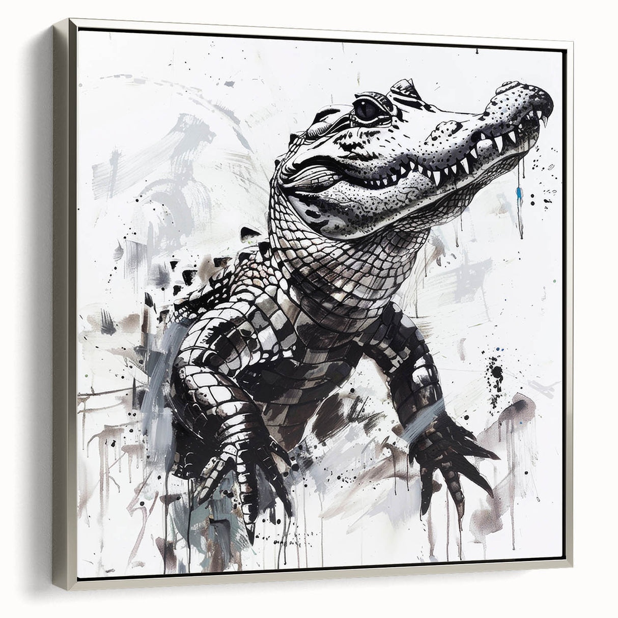 Framed wall art print showcasing a detailed design of reptiles, including alligators and crocodiles, in a silver frame. Ideal for nature enthusiasts and wildlife decor.