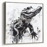 Framed wall art print showcasing a detailed design of reptiles, including alligators and crocodiles, in a silver frame. Ideal for nature enthusiasts and wildlife decor.