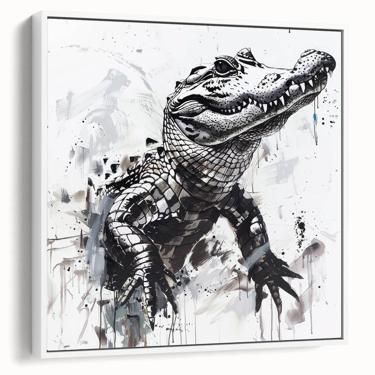 Framed wall art collection showcasing a vibrant design of reptiles, gators, and crocodiles, displayed from a white side view, perfect for nature enthusiasts.