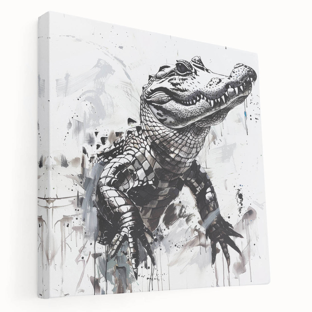 Side view of a stretched canvas wall art collection showcasing vibrant reptile designs, featuring alligators and crocodiles in a lush green setting, perfect for nature lovers.