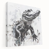 Side view of a stretched canvas wall art collection showcasing vibrant reptile designs, featuring alligators and crocodiles in a lush green setting, perfect for nature lovers.