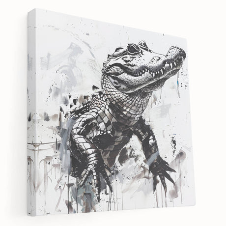 Side view of a stretched canvas wall art collection showcasing vibrant reptile designs, featuring alligators and crocodiles in a lush green setting, perfect for nature lovers.