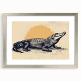 Framed wall art collection showcasing vibrant reptile-themed designs of alligators and crocodiles, featuring a sleek silver frame and a white mat, perfect for animal lovers.