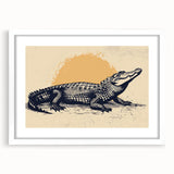 Framed wall art collection featuring vibrant reptile designs of alligators and crocodiles, set in a white mat and frame, ideal for wildlife enthusiasts' decor.