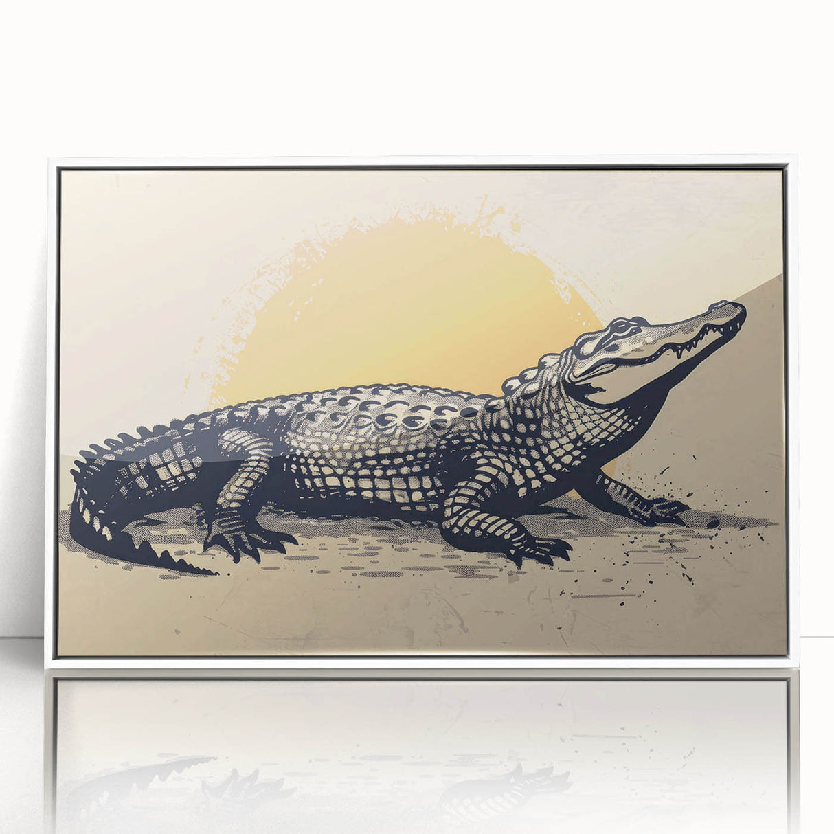 Framed acrylic wall art featuring a vibrant design of reptiles, including alligators and crocodiles, set against a white background, ideal for nature enthusiasts and decor.