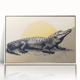 Framed acrylic wall art featuring a vibrant design of reptiles, including alligators and crocodiles, set against a white background, ideal for nature enthusiasts and decor.