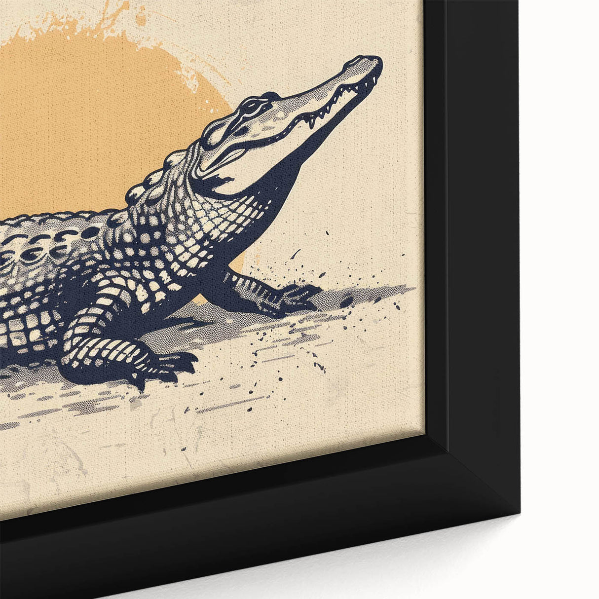 Close-up view of a framed canvas featuring a vibrant reptile-themed wall art design, showcasing alligators and crocodiles in intricate detail with bold colors, perfect for enhancing home decor.