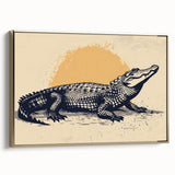 Framed canvas wall art showcasing a vibrant design of reptiles, gators, and crocodiles, featuring golden accents and a side view perspective, perfect for wildlife enthusiasts.