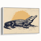 Framed canvas wall art depicting a vibrant design of reptiles, alligators, and crocodiles in a colorful arrangement, set against a white background, perfect for wildlife enthusiasts.