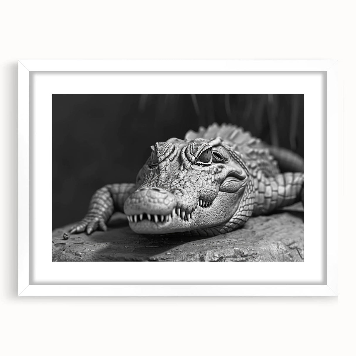 Framed wall art collection showcasing vibrant reptile designs featuring alligators and crocodiles, presented in a sleek white frame with a mat. Perfect for wildlife enthusiasts.