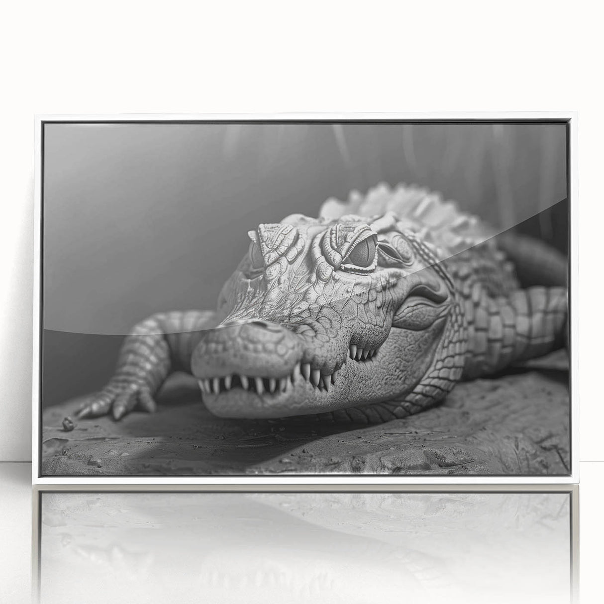 Framed acrylic wall art featuring a vibrant reptile design showcasing alligators and crocodiles in a white frame, ideal for animal lovers and home decor enthusiasts.