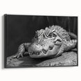Framed wall art collection showcasing a striking design of reptiles, including gators and crocodiles, on a black canvas, emphasizing vibrant colors and intricate details. Perfect for animal lovers and unique home decor.