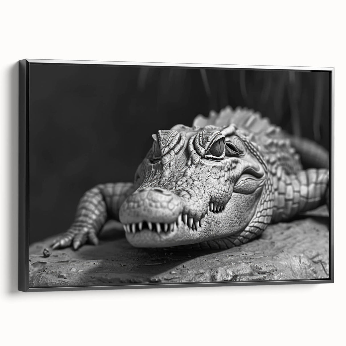 Framed wall art collection showcasing a striking design of reptiles, including gators and crocodiles, on a black canvas, emphasizing vibrant colors and intricate details. Perfect for animal lovers and unique home decor.