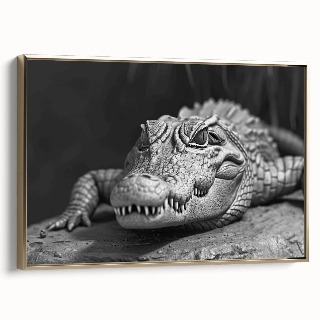 Framed wall art collection showcasing a vibrant design of reptiles, including alligators and crocodiles, with a gold frame, perfect for nature enthusiasts.