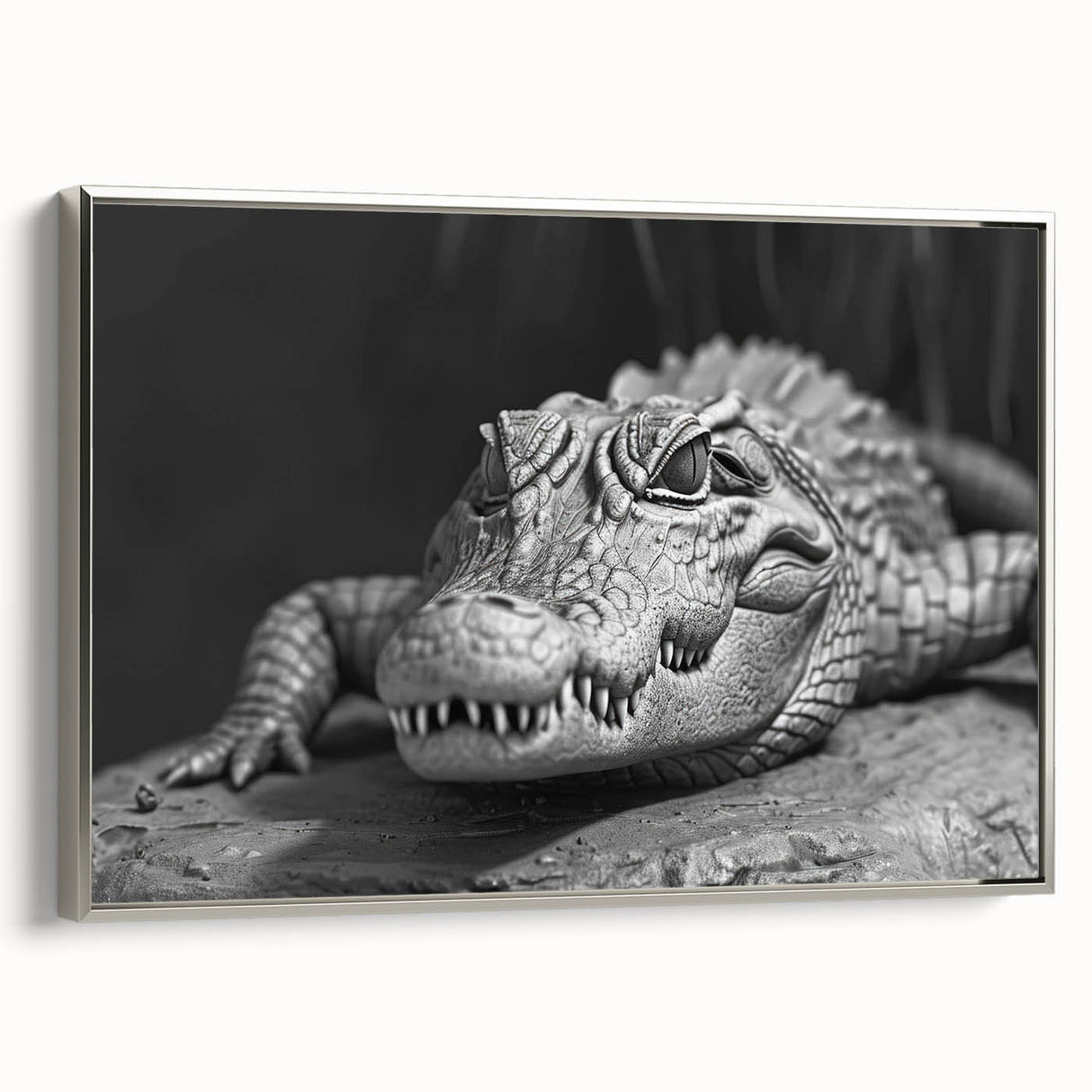 Framed wall art showcasing a stylish design of reptiles, including alligators and crocodiles, set against a silver background, ideal for nature-themed decor.
