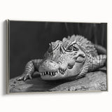 Framed wall art showcasing a stylish design of reptiles, including alligators and crocodiles, set against a silver background, ideal for nature-themed decor.