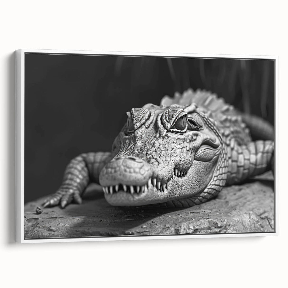 Framed wall art showcasing a vibrant design of reptiles, specifically alligators and crocodiles, set against a white background, ideal for nature-themed decor.
