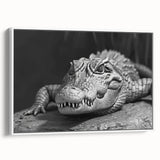 Framed wall art showcasing a vibrant design of reptiles, specifically alligators and crocodiles, set against a white background, ideal for nature-themed decor.