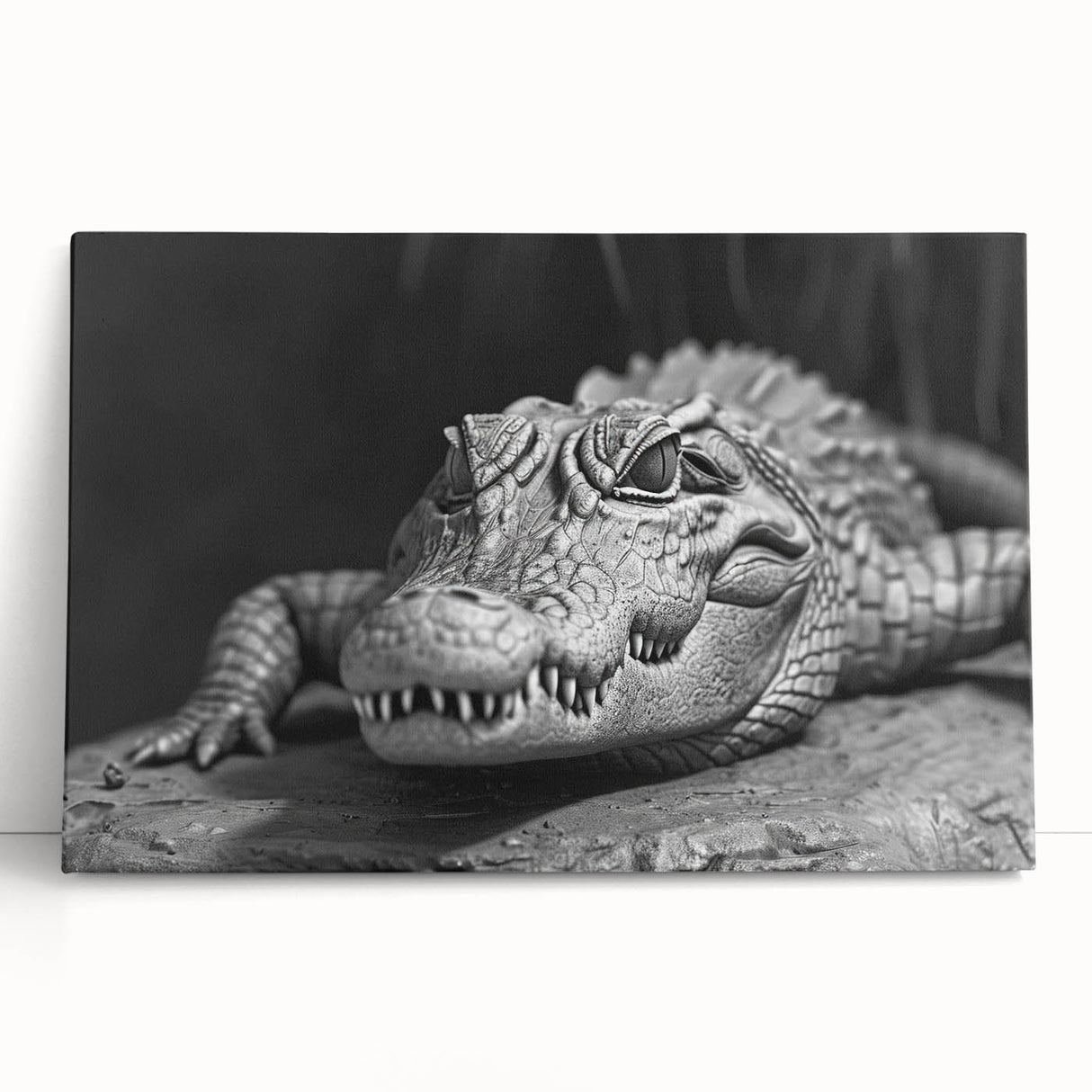 Stretched canvas wall art featuring a vibrant design of reptiles, including alligators and crocodiles, leaning against a textured surface, ideal for wildlife enthusiasts.