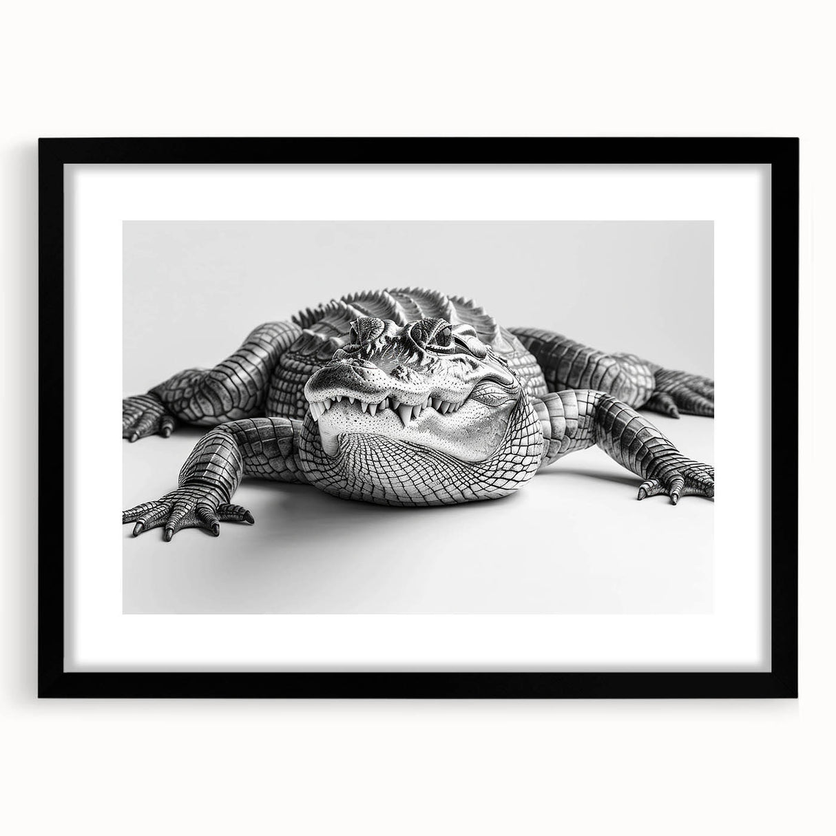 Framed wall art collection showcasing a vibrant reptile-themed design featuring gators and crocodiles, with a sleek black frame and mat for an elegant display. Perfect for wildlife enthusiasts and home decor.