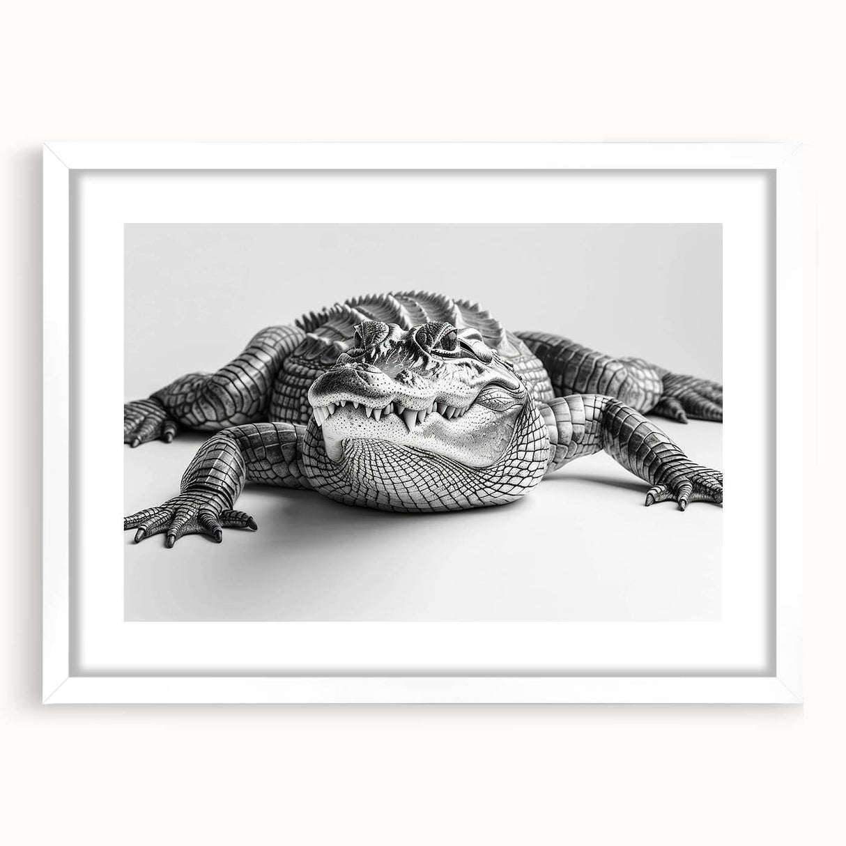 Framed wall art featuring a detailed design of reptiles, including alligators and crocodiles, set in a white mat and frame, perfect for enhancing wildlife-themed decor.