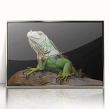 Framed wall art featuring a striking lizard design in vibrant colors, set in a sleek silver frame, perfect for reptile enthusiasts and modern decor.