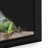 Close-up of framed canvas wall art featuring a vibrant lizard design, showcasing intricate details and bold colors, perfect for reptile enthusiasts and home decor.