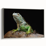 Framed canvas wall art showcasing a detailed lizard design in vibrant colors, set against a silver frame, perfect for reptile enthusiasts' home decor.
