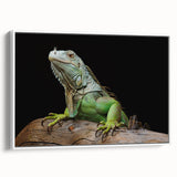 Framed canvas wall art showcasing a colorful lizard design, featuring vibrant greens and blues, set against a sleek white backdrop, perfect for reptile enthusiasts.